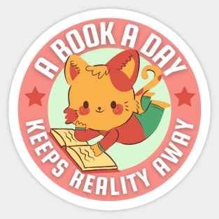 A book a day keeps reality away - cute cat reading book Sticker